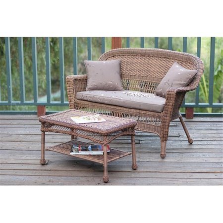 PROPATION Honey Wicker Patio Love Seat And Coffee Table Set With Brown Cushion PR2438576